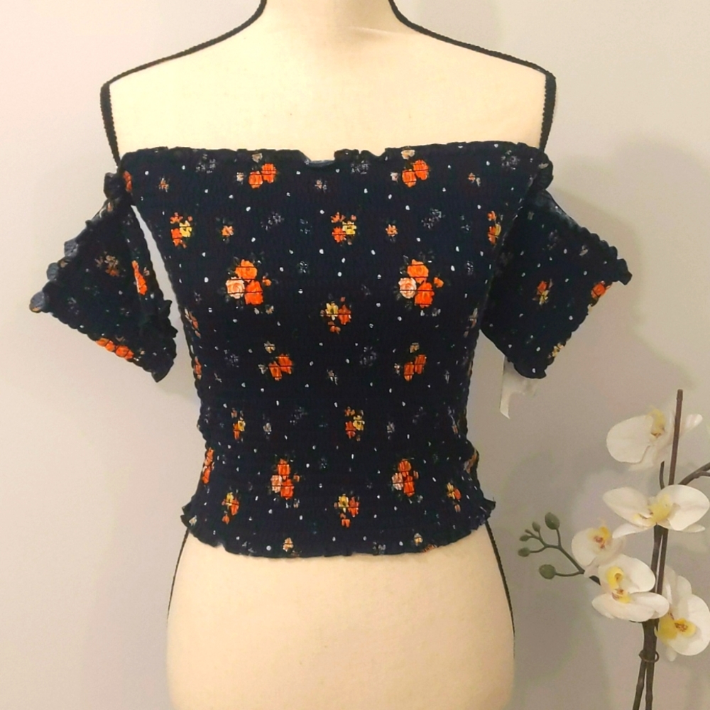 Navy Floral Smocked Top - Size M